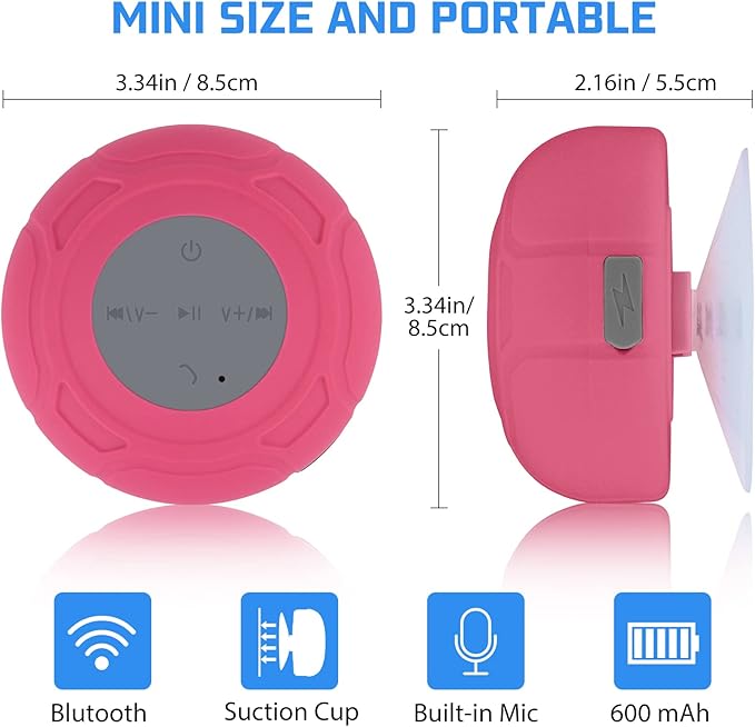 Waterproof Bluetooth Shower Speaker Portable Wireless Water-Resistant Speaker Suction Cup,Built-in Mic Gifts for Kids Speakerphone for iPhone Phone Tablet Bathroom Kitchen - Pink