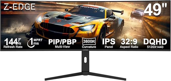 5K Monitor, Z-Edge 49 inch IPS Curved Gaming Monitor, DQHD 5120x1440 Computer Monitor,144Hz, 32:9 Ultrawide, 1ms MPRT, 400 cd/m², 10bit, UG49W HDMI*2, DP*1, USB-C, PIP/PBP, Adjustable Stand