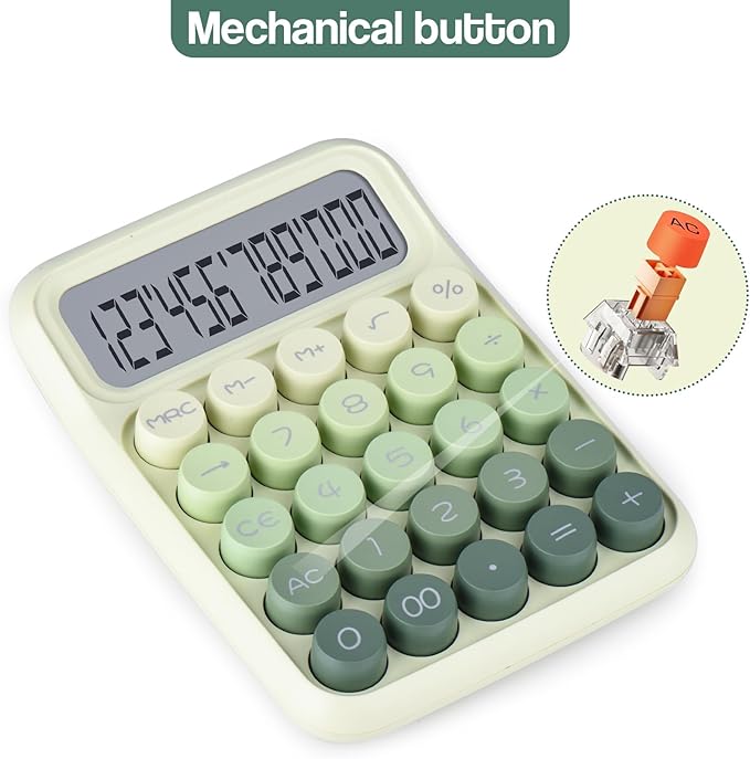 Mechanical Pushbutton Calculator,12 Digit Large LCD Display,Big Buttons Easy to Press,Colorful Candy Calculator,Automatic Sleep,with Battery.for Office,School, Home. (Green)