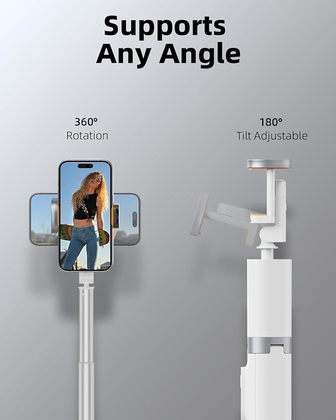 TODI 63" Phone Tripod, Extendable Selfie Stick with Wireless Remote and Phone Holder, Portable All-in-1 Cell Phone Tripod Stand for Video Recording, Compatible with iPhone/Android (White)