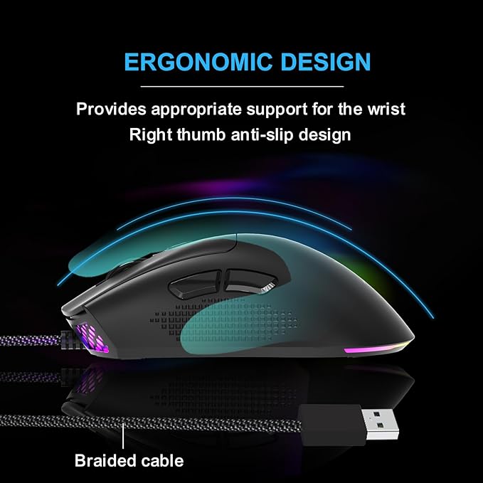 SM-91 Wired Gaming Mouse for PC Laptop, 60g Lightweight, Ergonomic Design, 7200 DPI, 7 Programmable Buttons and RGB Lighting, Anti-Slip Grip, 6ft (1.8m) Braided Cable, Plug and Play