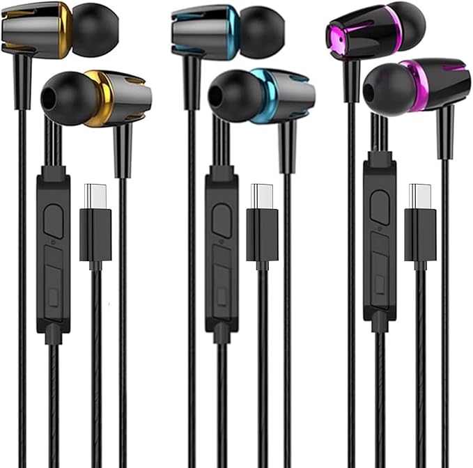 3Pack of USB C Headphones for iPhone 16 15 Pro Max,Type C Wired Earbuds Magnetic Bass Noise Canceling in-Ear Earphones with Microphone for iPad 10 Pixel 9 8 for Galaxy S25 Ultra S24 S23 A16 A56