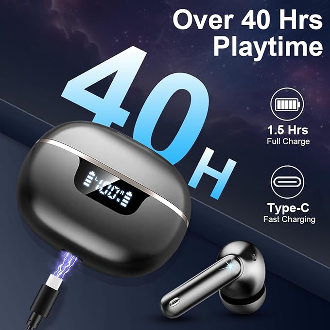 Wireless Earbuds Bluetooth Headphones Noise Cancelling, Bluetooth 5.4 Ear bud with Dynamic Drivers Stereo, 40H Playtime Sports Earphones Wireless Waterproof with LED Power Display for Laptop Pad Phone
