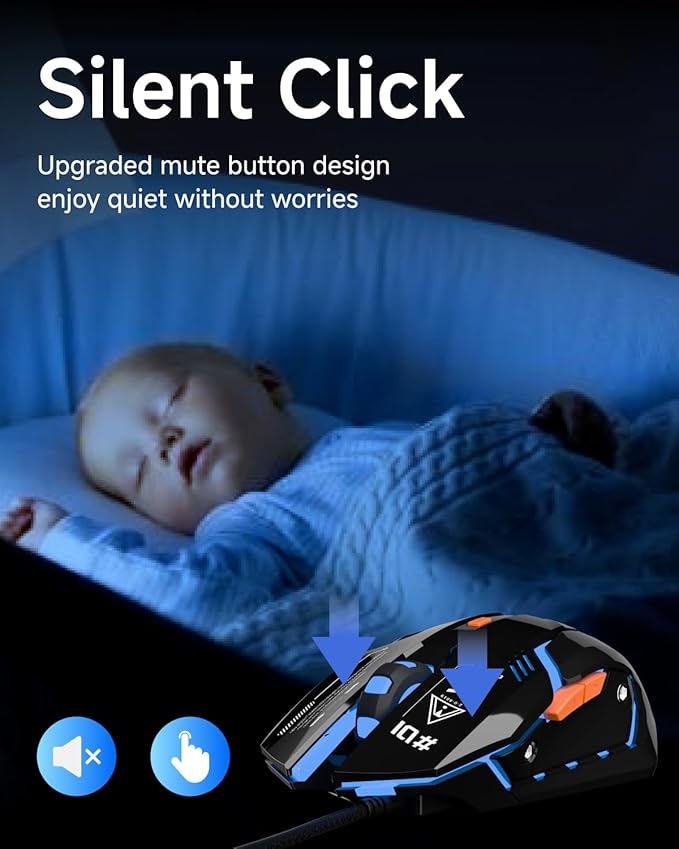 EWEADN G10 Wired Gaming Mouse, Computer Mouse with RGB Backlit, 3200 DPI Adjustable, Quiet Clicks, Ergonomic Mouses with 6 Buttons and 4.2FT Cord, USB Mouse for PC/Win/Laptop, Black