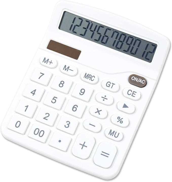 Marte Vanci 12 Digits Calculator with Large LCD Display, Desktop Basic Calculator with Big Buttons, Solar Power and AA Battery, for Office, Home, School(White)