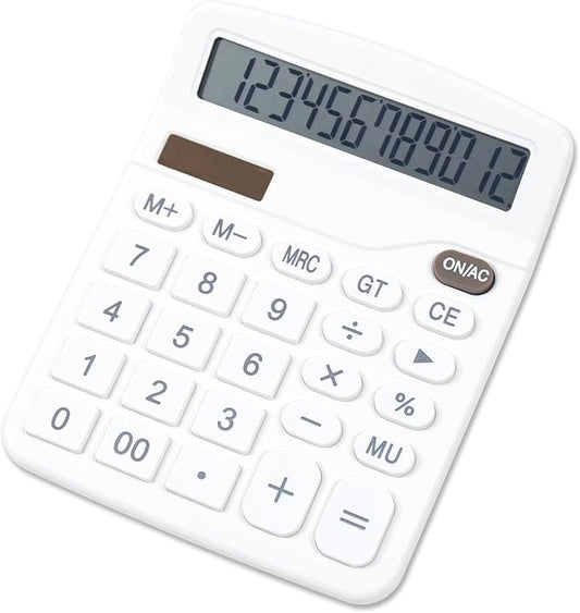Marte Vanci 12 Digits Calculator with Large LCD Display, Desktop Basic Calculator with Big Buttons, Solar Power and AA Battery, for Office, Home, School(White)