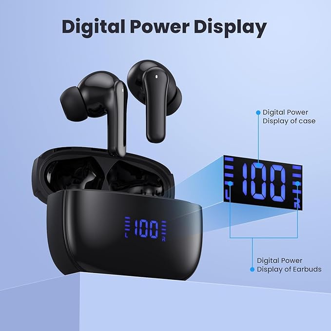 Wireless Earbuds, Bluetooth 5.3 Headphones in Ear with HiFi Stereo Deep Bass, Wireless Earphones 40H Playtime, Bluetooth Earbuds 4 ENC Noise Canceling Mic, LED Display IP7 Waterproof