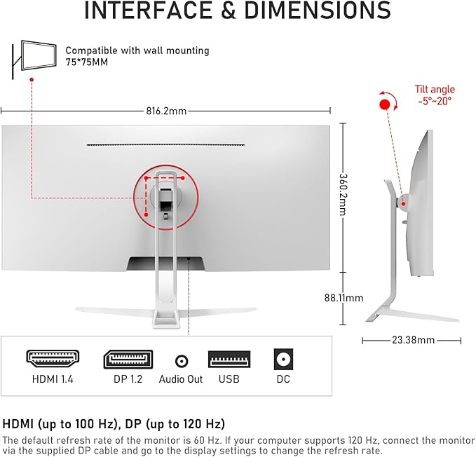 34 Inch IPS Ultrawide 120Hz Gaming Computer Monitor, 21:9 UWFHD (2560x1080) PC Screen, 128% sRGB, Adaptive Sync, 178° Viewing Angle, Display Port, HDMI, Compatible with Wall mounting - White