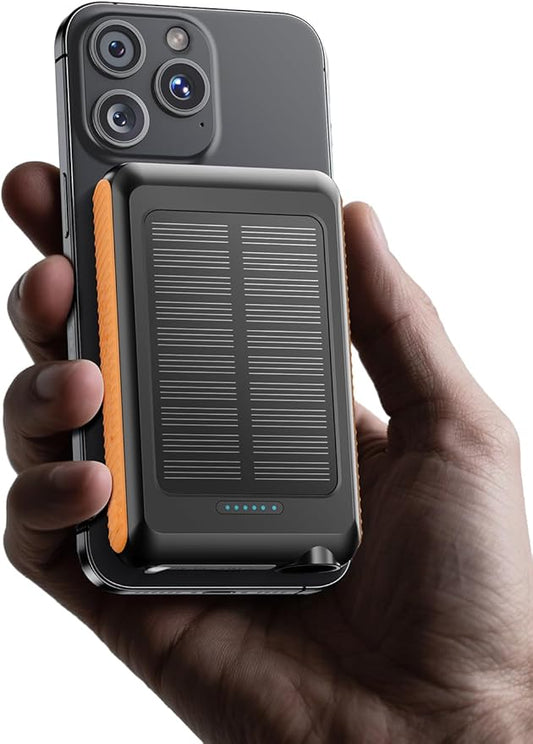 ToughTested ROC 5 Solar Power Bank 5000mAh, MagSafe Compatible Wireless Charger for iPhone 17/16/15/14/13, QC3.0 USB-C PD20W, IP54 Rugged Outdoor Battery with 5-Year Warranty for Travel, Camping
