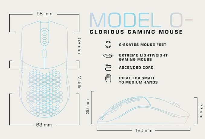Glorious Model O- (Minus) Compact Wired Gaming Mouse - 58g Superlight Honeycomb Design, RGB, Pixart 3360 Sensor, Ambidextrous, Omron Switches - Glossy White