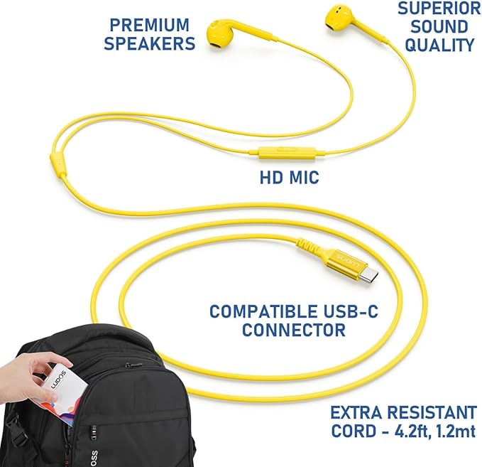 LUDOS Zenith USB C Headphones for iPhone 17 16 15 Pro Max Plus Air iPad Pro Air, 2 Years Warranty, USB-C Earbuds for Samsung Galaxy S24 S23 Ultra S22 S21 S20 A55 A54, USB Type C Earphones - Yellow
