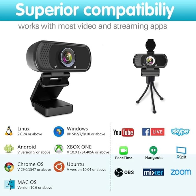 Webcam HD 1080p ,Live Streaming HD Camera with Stereo Microphone, PC Desktop or Laptop USB Webcam with 110 Degree View Angle, for Switch 2,Video Calling, Recording, Conferencing, Streaming, Gaming