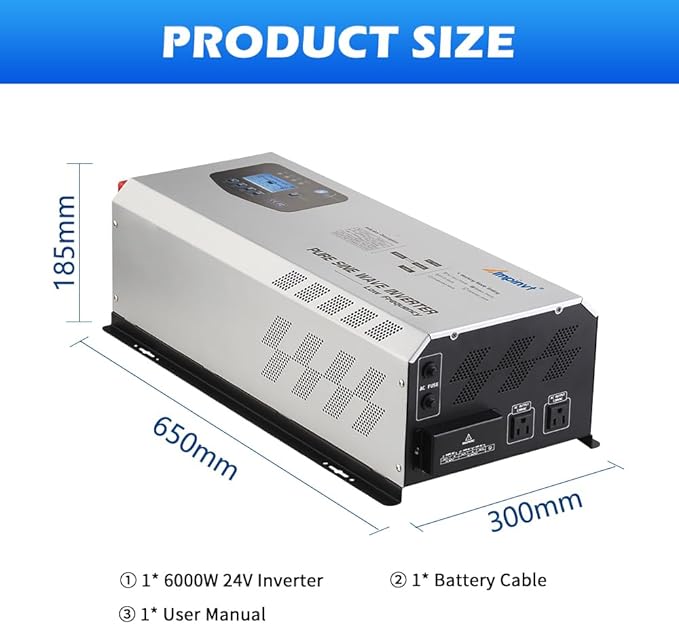 6000W Peak 18000watts Pure Sine Wave Power Inverter 24V DC to AC 120V 240V Split Phase with Battery AC Charger,Off Grid Low Frequency Solar Inverter for Home