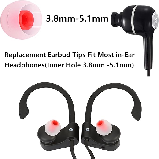 Earbud Replacement Tips Silicone Earbud Tips Earbud Covers Fit for in-Ear Headphones (Inner Hole 3.8mm -5.1mm) Eartips Earbud Rubber Tips 9 Pairs S/M/L, transparent/Red