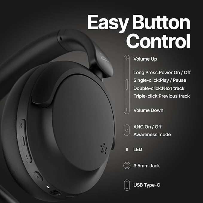 VOKALEN Hyper GO Wireless Over-Ear Noise Cancelling Headphones with Mic, 60H Playtime, Bluetooth Headset, Hi-Res Audio, DEEP360 Spatial Audio, Ultra-Lightweight for Travel, Work, Study