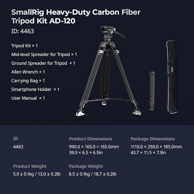SmallRig AD-120 FreeBlazer Counterbalance Carbon Fiber Video Tripod Kit, 77" Video Tripod with 6-Step Counterbalance, Adjust Step-Less Damping on Pan/Tilt, Dual-Mode QR Plate, Max Load 17.6lbs-4463