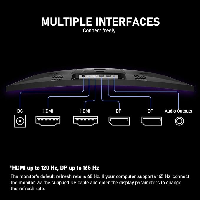 32 inch 2K QHD(2560×1440P) 165Hz Curved Gaming Monitor,PC Screen, 1ms，FreeSync, 98% sRGB，178° Wide Viewing Angle，DisplayPort、HDMI, Wall Mount Compatible 100 * 100MM Wall - Black