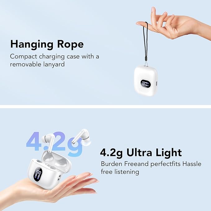 Wireless Earbuds, 2025 New Bluetooth 5.4 Headphones HiFi Stereo with 4 ENC Mic, 40H Mini Ear Buds In-Ear Noise Cancelling Earbuds with LED Screen, Ultra Light Bluetooth Earphones White for Android iOS