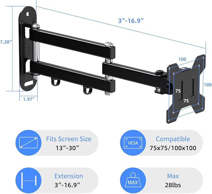 suptek TV Wall Mount Bracket Monitor arm TV Wall Mount Bracket Display arm Monitor Wall Mount for 13-30" Adjustable up/Down, Left/Right Angle, 30lbs Load Capacity VESA75-100mm MA2776