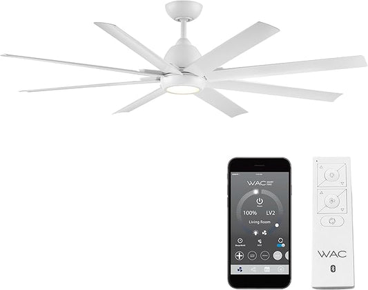 WAC Smart Fans Mocha XL Indoor and Outdoor 8-Blade Ceiling Fan 66in Matte White with 3000K LED Light Kit and Remote Control works with Alexa and iOS or Android App