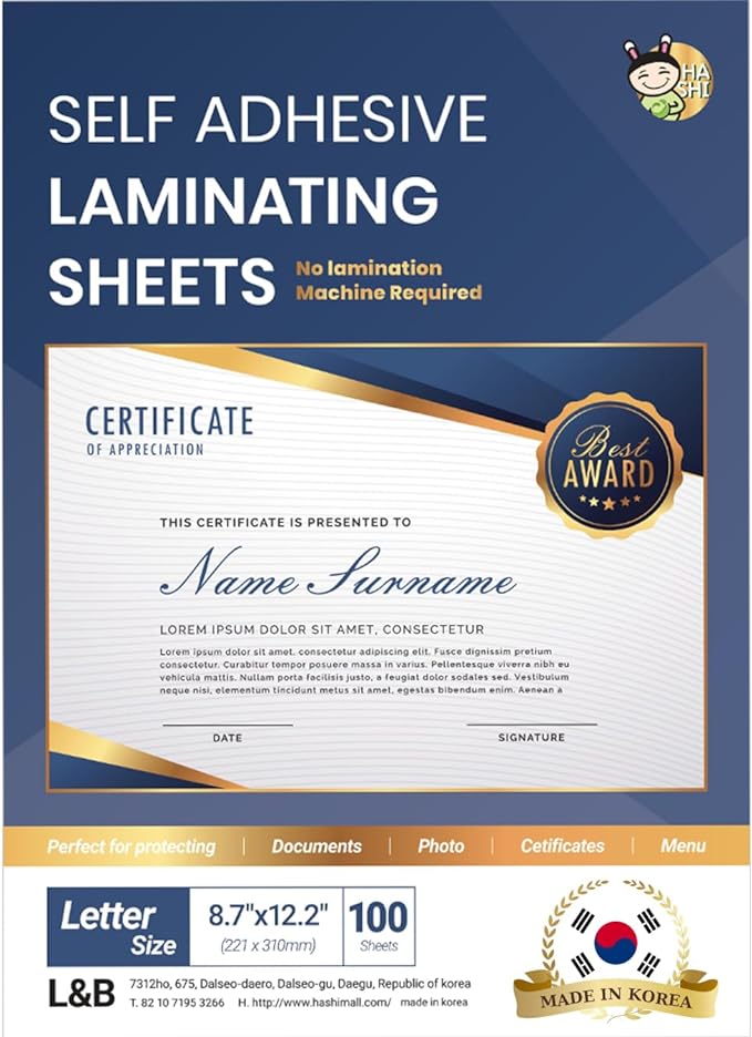 No Heat Laminating Sheets Self Sealing 8.5 x 11 Inch, 100 Pack, 4mil Thickness, Transparent, No Machine Self Adhesive Laminating Sheets, Protect documents and Photos [Letter Size] by HA SHI