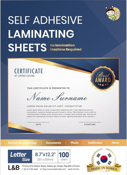 No Heat Laminating Sheets Self Sealing 8.5 x 11 Inch, 100 Pack, 4mil Thickness, Transparent, No Machine Self Adhesive Laminating Sheets, Protect documents and Photos [Letter Size] by HA SHI