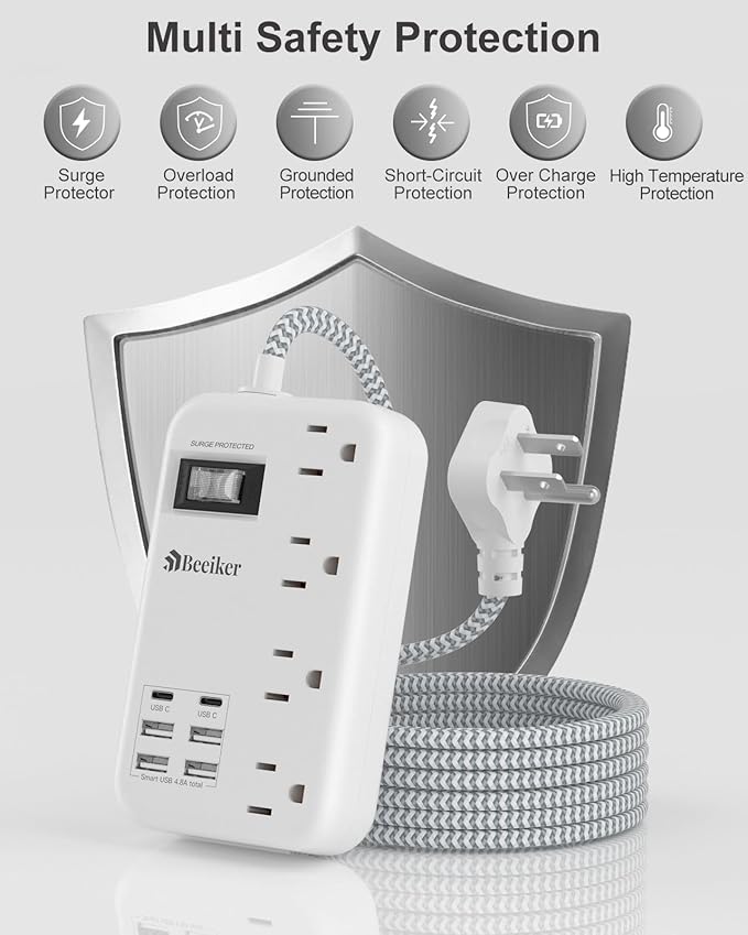 6 USB(2 USB C) Surge Protector Power Strip- 5Ft Travel Power Strip with 4.8A USB Charging Station and 4 Extendable Outlet, 13A Flat Plug Braided Extension Cord with Wall Mount for Travel Office Dorm