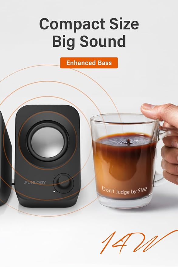 Speaker - 14W Stereo PC Speakers, USB Powered, Compact Size with 30° Tilt Design, Volume Dial Control, for Desktop, Laptop, Monitor, Gaming Consoles, Black