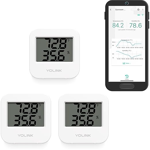 YoLink Smart Wireless Temperature & Humidity Sensor, 3-Pack, Wide Temp Range for Fridge, Green House, Pet Cage, App Alerts, Emails, Text/SMS alerts- Hub Required
