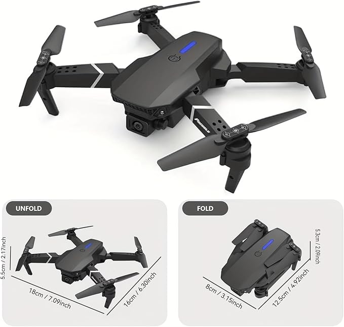 E88 Drone With Dual Camera, Mobile App Control, Indoor Flying Toy RC Plane With Video Function - Ideal Gift For Beginners, Christmas Halloween Thanksgiving Birthday Gift (Black+Dual Batteries)