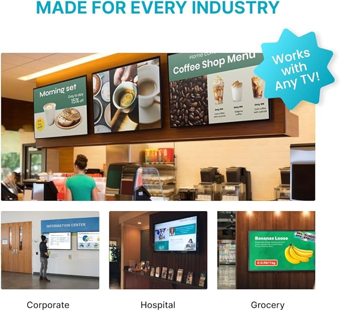 TV Stick Digital Signage Player 4K, Cloud-Controlled Media Player with PowerPoint Upload, Auto Content Updates, Free Plan, AI Image Enhancer, Mobile App, Thousands of Templates