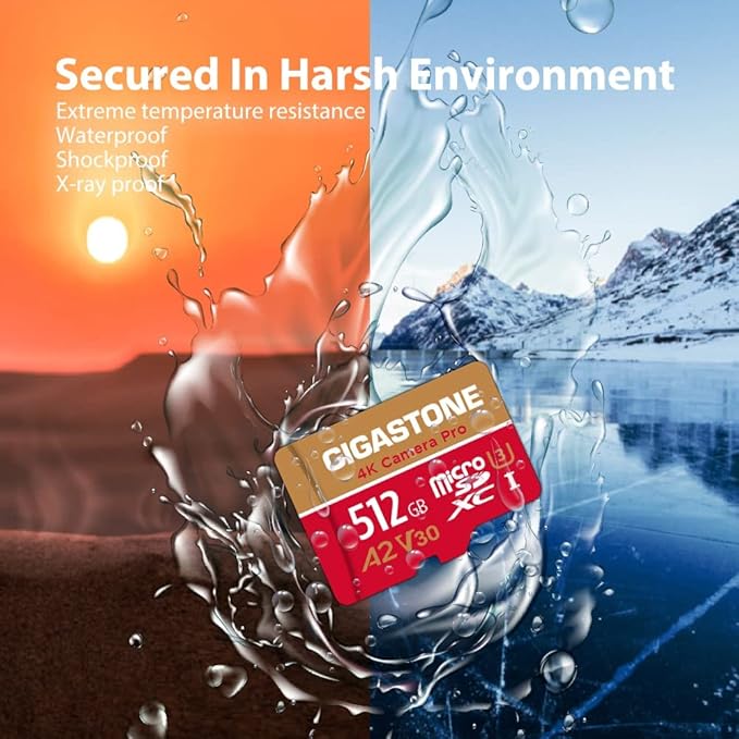 [5-Yrs Free Data Recovery] GIGASTONE 512GB Micro SD Card, 4K Camera Pro, A2 V30 for Smartphone, Gopro, Action Cams, 4K UHD Video Recording, R/W up to 150/120 MB/s, UHS-I U3 C10 Class 10 with Adapter