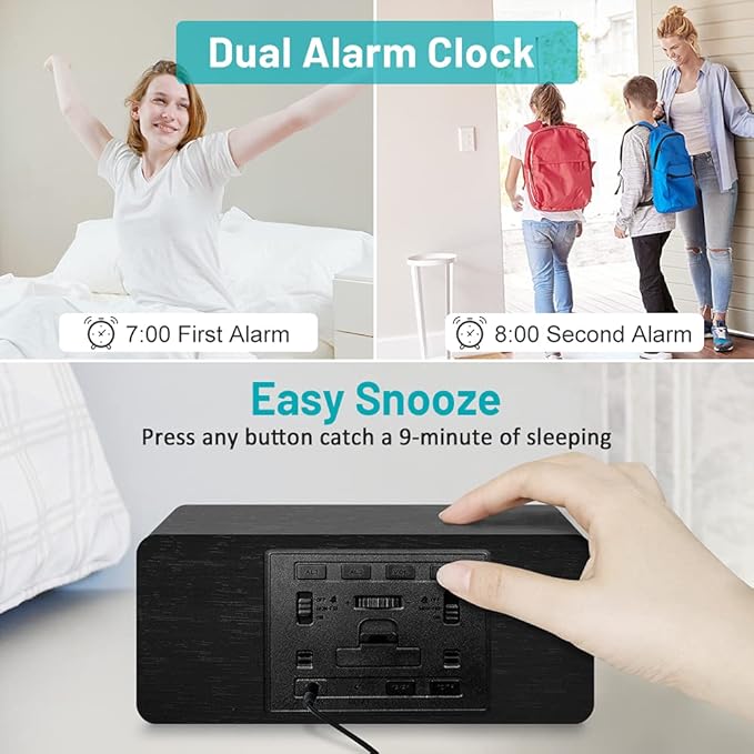 Andoolex Wooden Digital Alarm Clock with Wireless Charging, 0-100% Adjustable Brightness Dimmer and Alarm Volume, Weekday/Weekend Mode, Dual Alarm, Snooze, 12/24H, Wood LED Clock for Bedroom (Black)