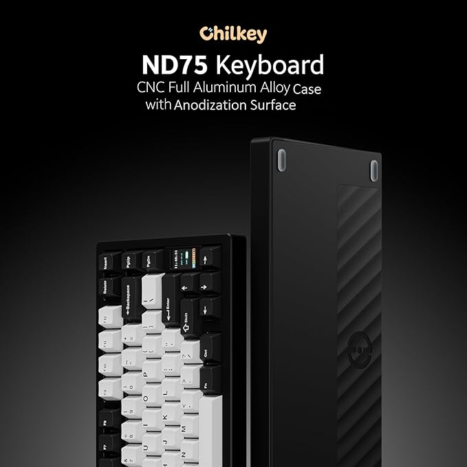 Chilkey ND75 Mechanical Keyboard: 75% Percent Aluminum Wireless Gaming Keyboard with Screen, Quick Assembly, BT/2.4G/USB-C, Hot Swappable Per-Key RGB Custom Black Key Board for Laptop Office PC