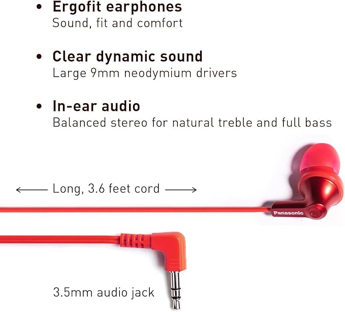 Panasonic ErgoFit Wired Earbuds, 3.5mm Jack in-Ear Headphones with Dynamic Crystal-Clear Sound and Soft Ergonomic Custom-Fit Earpieces (S/M/L), for Phones and Laptops - RP-HJE120-RA (Metallic Red)