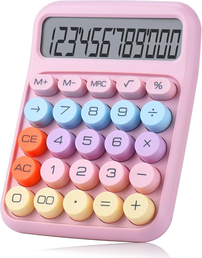 Mechanical Pushbutton Calculator,12 Digit Large LCD Display,Big Buttons Easy to Press,Colorful Candy Calculator,Automatic Sleep,with Battery.for Office,School, Home. (Pink)