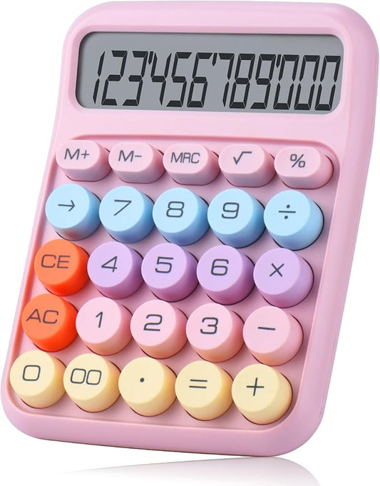 Mechanical Pushbutton Calculator,12 Digit Large LCD Display,Big Buttons Easy to Press,Colorful Candy Calculator,Automatic Sleep,with Battery.for Office,School, Home. (Pink)
