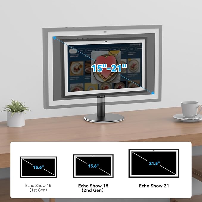 Almoz Riser Stand for Echo Show 21, Show 15 (All Generations), Adjustable Height with Swivel and Tilt, Aluminum Holder Stand for Show 21, Sturdy Non-Slip Base, Easy Screw Assembly (Riser-Black)