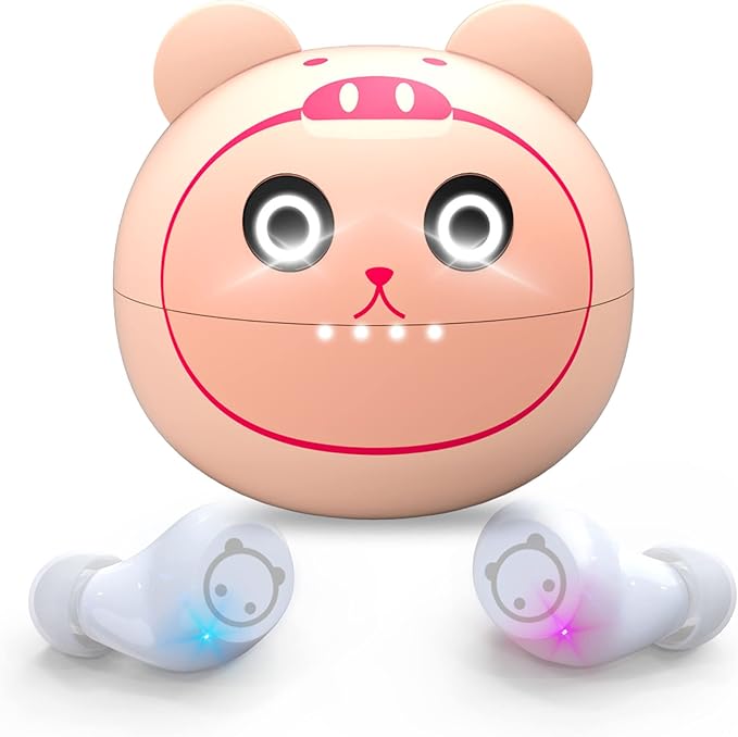 Bluetooth Wireless Earbuds for Kids Small Ears, TWS Bluetooth Headphones, HiFi Stereo Wireless Earphones Sweat-Proof Touch Control Headset with Cartoon Charging Case - Piggy Cat