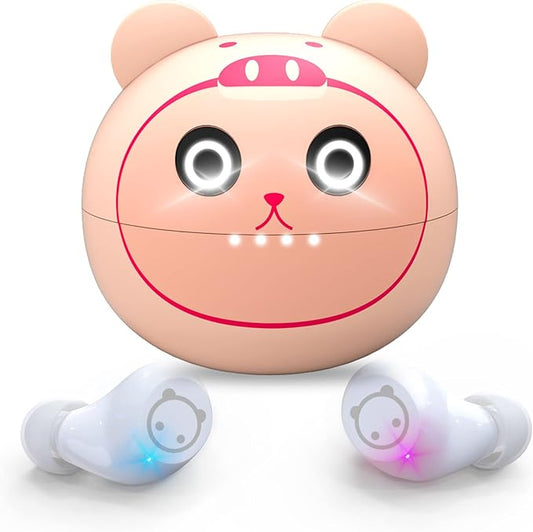 Bluetooth Wireless Earbuds for Kids Small Ears, TWS Bluetooth Headphones, HiFi Stereo Wireless Earphones Sweat-Proof Touch Control Headset with Cartoon Charging Case - Piggy Cat