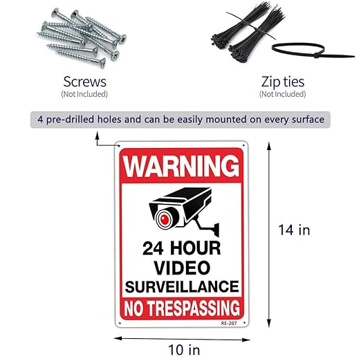 Warning Security Cameras in Use 24 Hour Video Surveillance Sign No Trespassing Sign 10x14 Aluminum UV Ink Printed,Durable/Weatherproof Up to 7 Years Outdoor for House and Business (2-Pack)