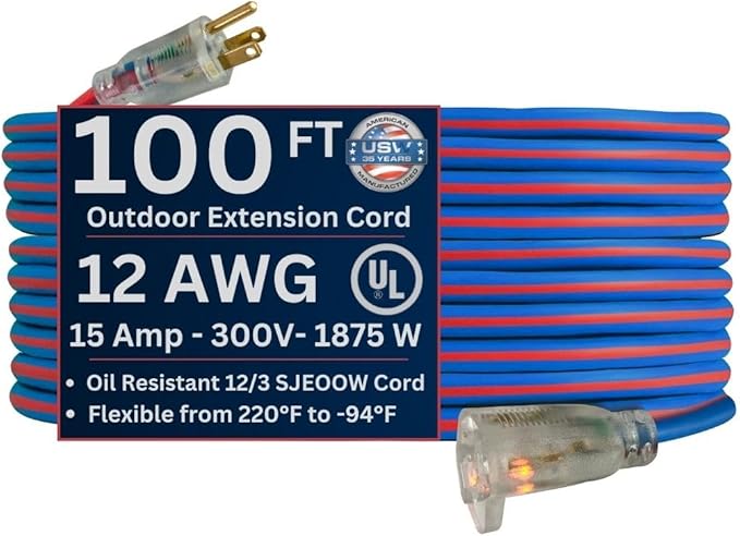 US Wire 99100 12/3 100-Foot SJEOW TPE Extreme Weather Extension Cord Blue with Lighted Plug