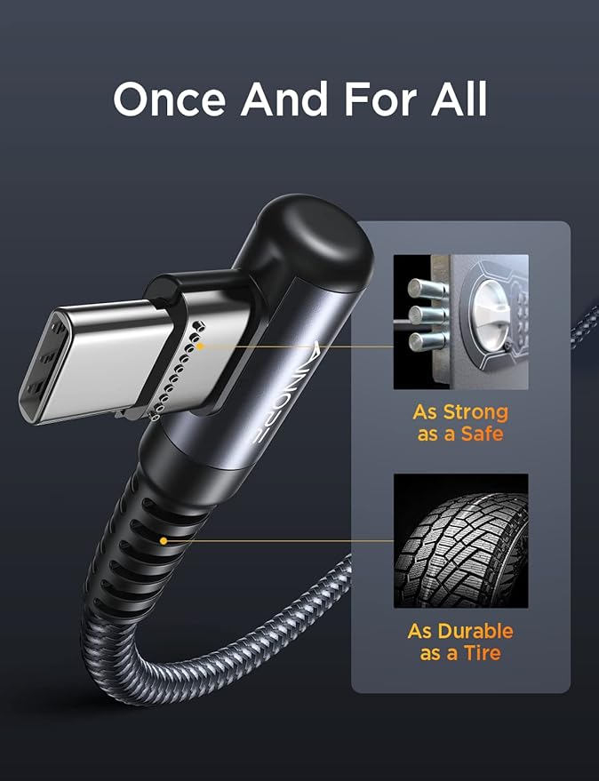 AINOPE USB C Cable 60W 2-Pack 6.6ft Nylon Braided USB C to USB C Cable Type C Charger Fast Charging Right Angle USBC Cable Charger Cord for iPhone 16 Pro Max 15 Plus Samsung S24 S23 iPad Space Gray