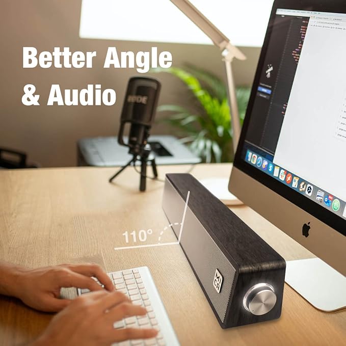 MICA Computer Speakers, Wired Computer Sound Bar, Wooden Mini Soundbar, USB Powered PC Speakers for Desktop Monitor, Laptop, Tablet, 3.5mm Aux Connection, Angled (Gray)