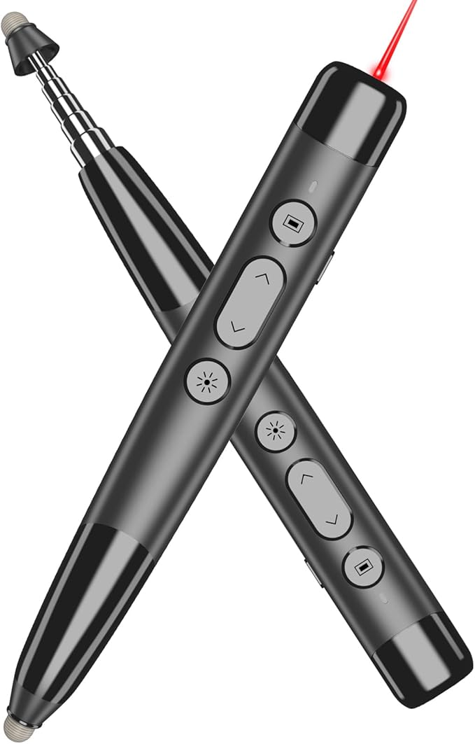 Clicker for PowerPoint Presentations, Wireless Presenter Remote with Stylus Pen & Telescopic Pointer | Hyperlink, Volume Control | Rechargeable USB for PC, Mac