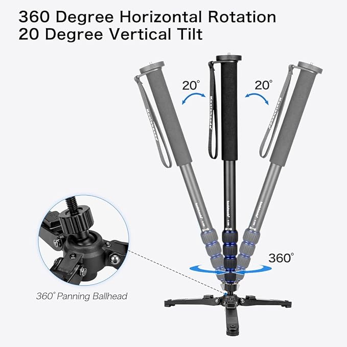 Koolehaoda Extendable Camera Monopod with Foldable Tripod Support Base, Aluminium Alloy, 20-66inch Adjustable Portable Travel Monopod for Nikon Sony DSLR, Maximum Load of 5 kg