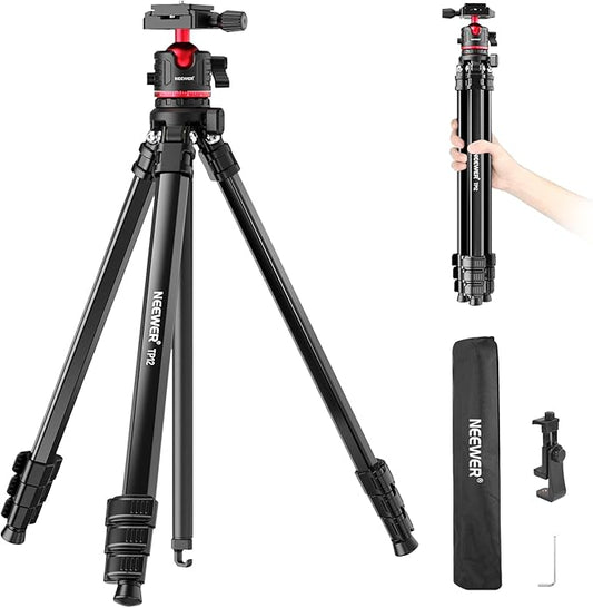 NEEWER Basics Travel Tripod for Camera, Compact Lightweight Portable DSLR Cam Stand with Ball Head, Arca Type QR Plate, Cell Phone Holder Compatible with iPhone Video Recording, Max Load 11 lbs, TP12