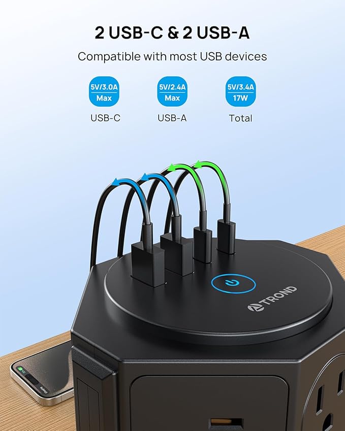 TROND Tower Surge Protector Power Strip with USB, 14 Widely Spaced Outlets, 2-USB C and 2 USB-A, 2100J Surge Protection, 10 Ft Extension Cord with Multiple Outlets Home, Office, Dorm Essentials Black