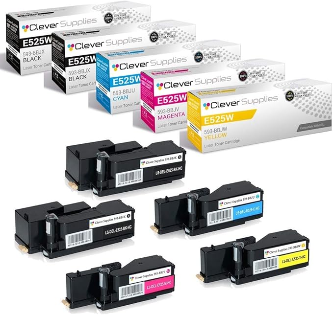 CS Replacement Toner Cartridge Compatible with Dell E525W 593-BBJX Black 593-BBJU Cyan 593-BBJV Magenta 593-BBJW Yellow Multifunction E525W 5 Color Set