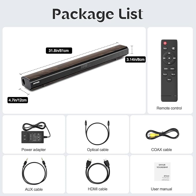 Soundbar, 100Watts-32 Inches Sound Bar for Smart TV, with 6 Built-in Speakers (2 Surround Bass),3EQ Modes, Bluetooth Sound Bar with HDMI(ARC), Optical, AUX, COA and USB Inputs (Wood Color)